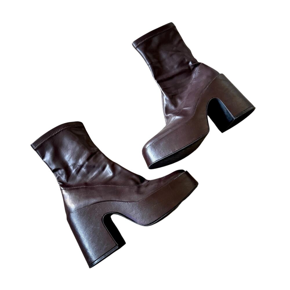 Zara Chocolate Brown Leather Platform Sock Ankle Boots Chunky Y2K Heel Size 7.5